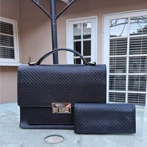GUCCI Diamante Leather Black Textured Handbag and Wallet Set